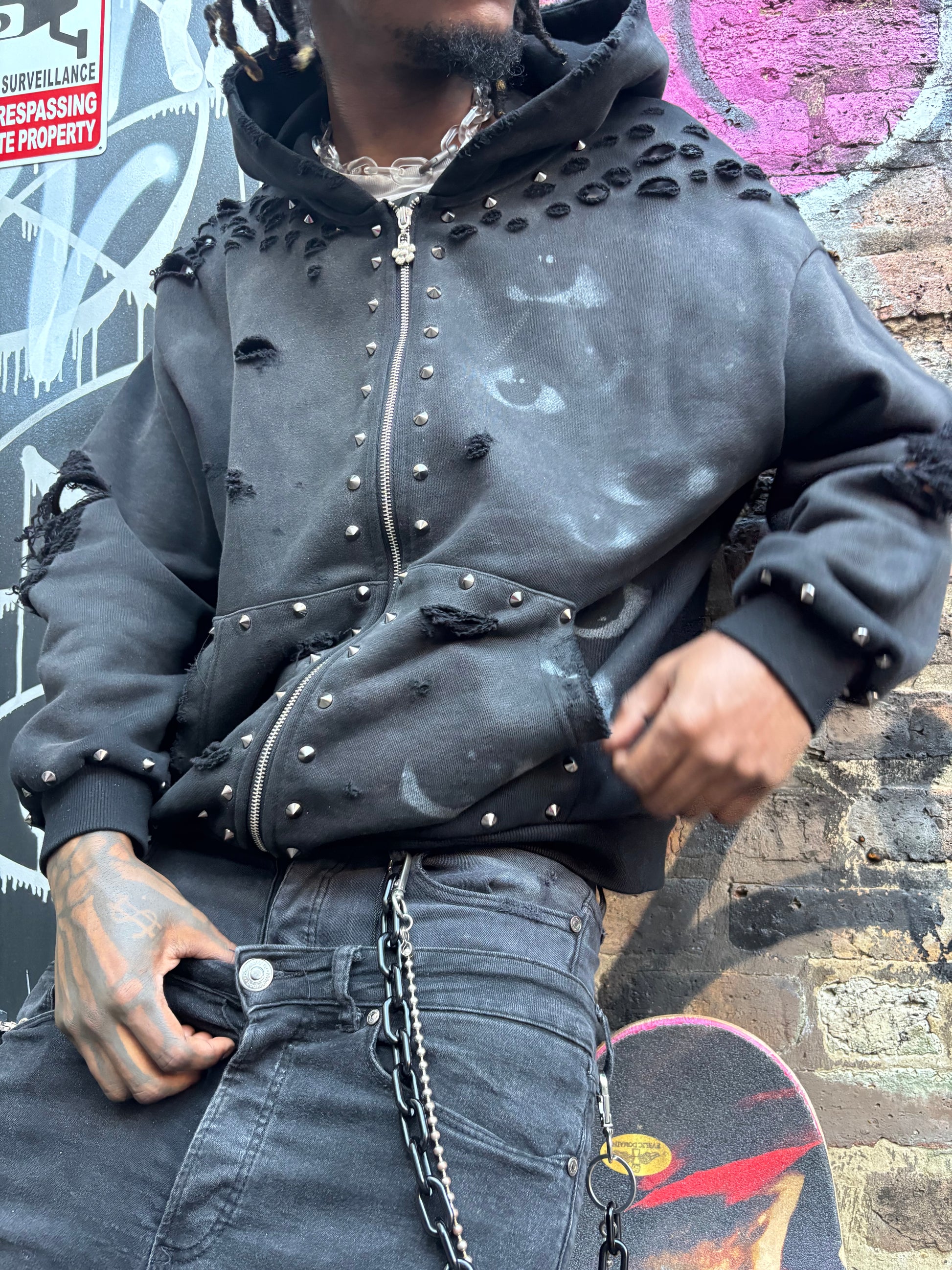 BLACK ON BLACK SPIKED “EMO” ZIP UP HOODIE