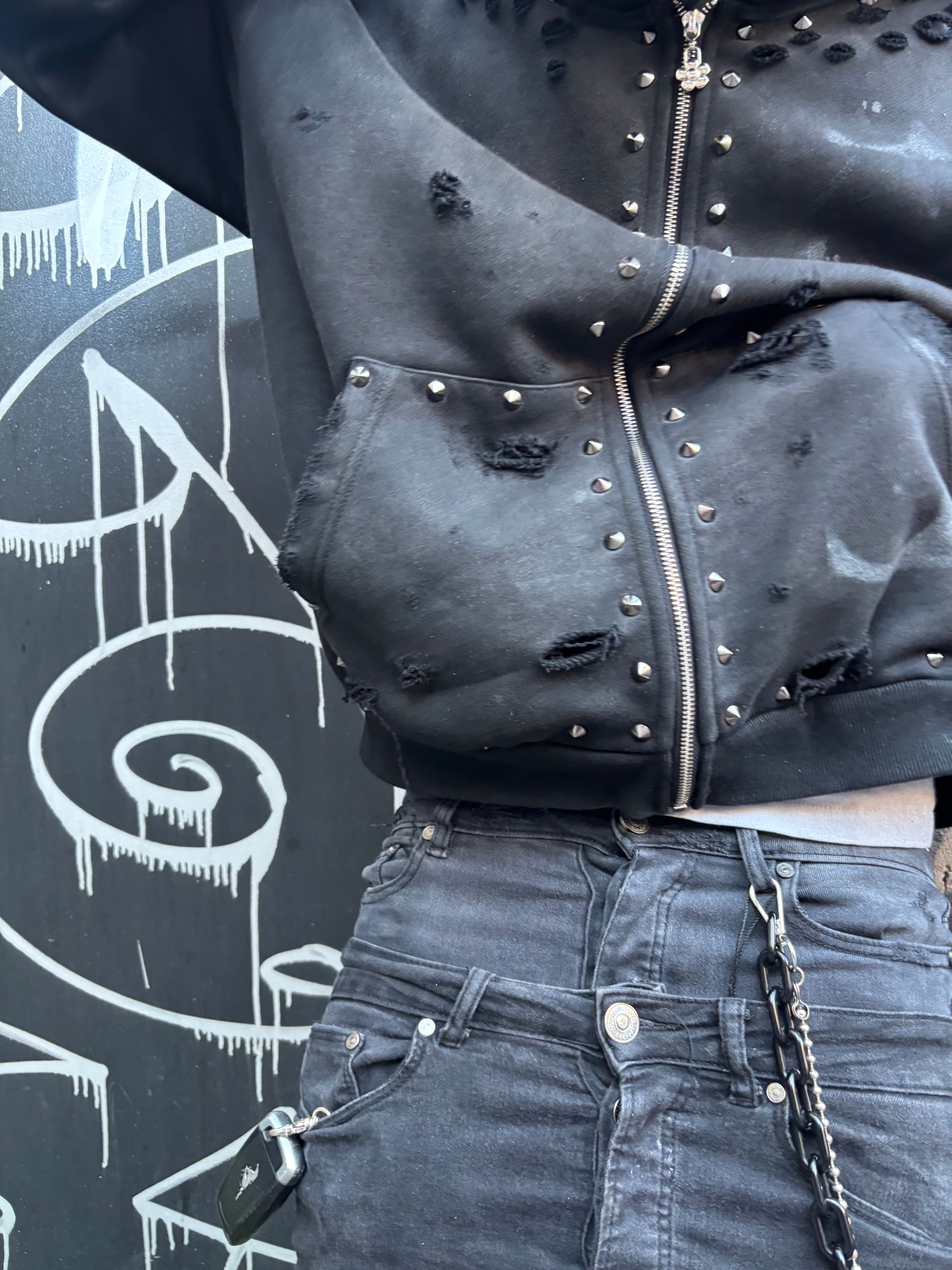 BLACK ON BLACK SPIKED “EMO” ZIP UP HOODIE